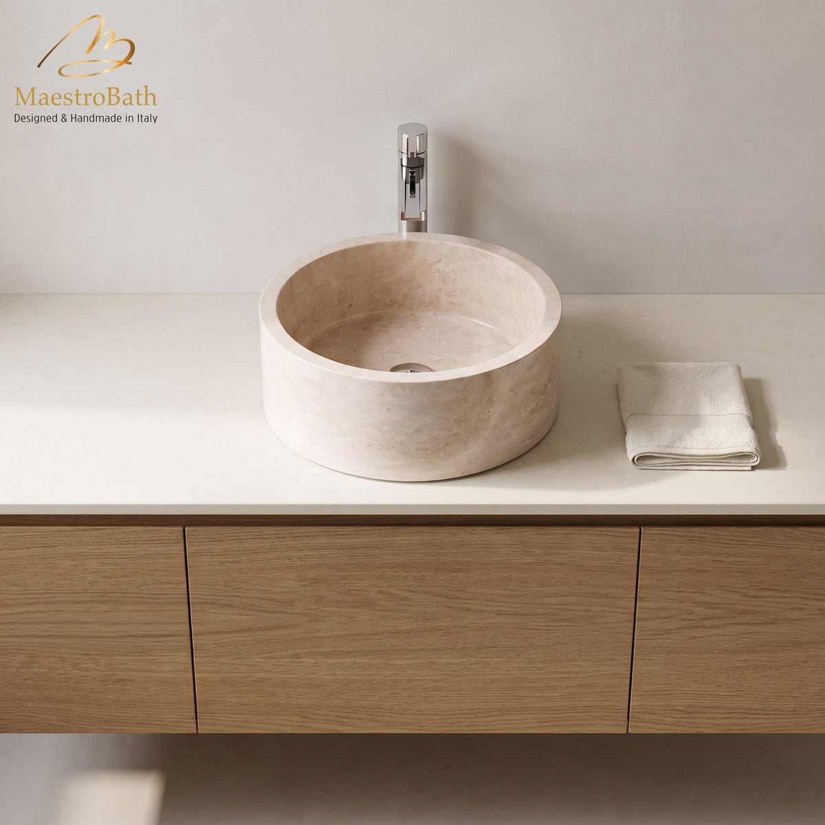 Koh Samui Natural Stone Luxury Vessel Sink, shown in beige, 16 inch by 16 inch with a 6.2 inch basin depth #color_sandstone beige