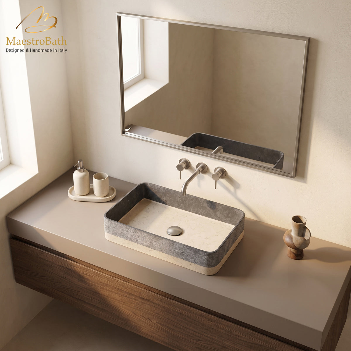 Above counter natural stone vessel sink, shown in black, 24.5 inch by 13.8 inch with a 4.7 inch basin depth