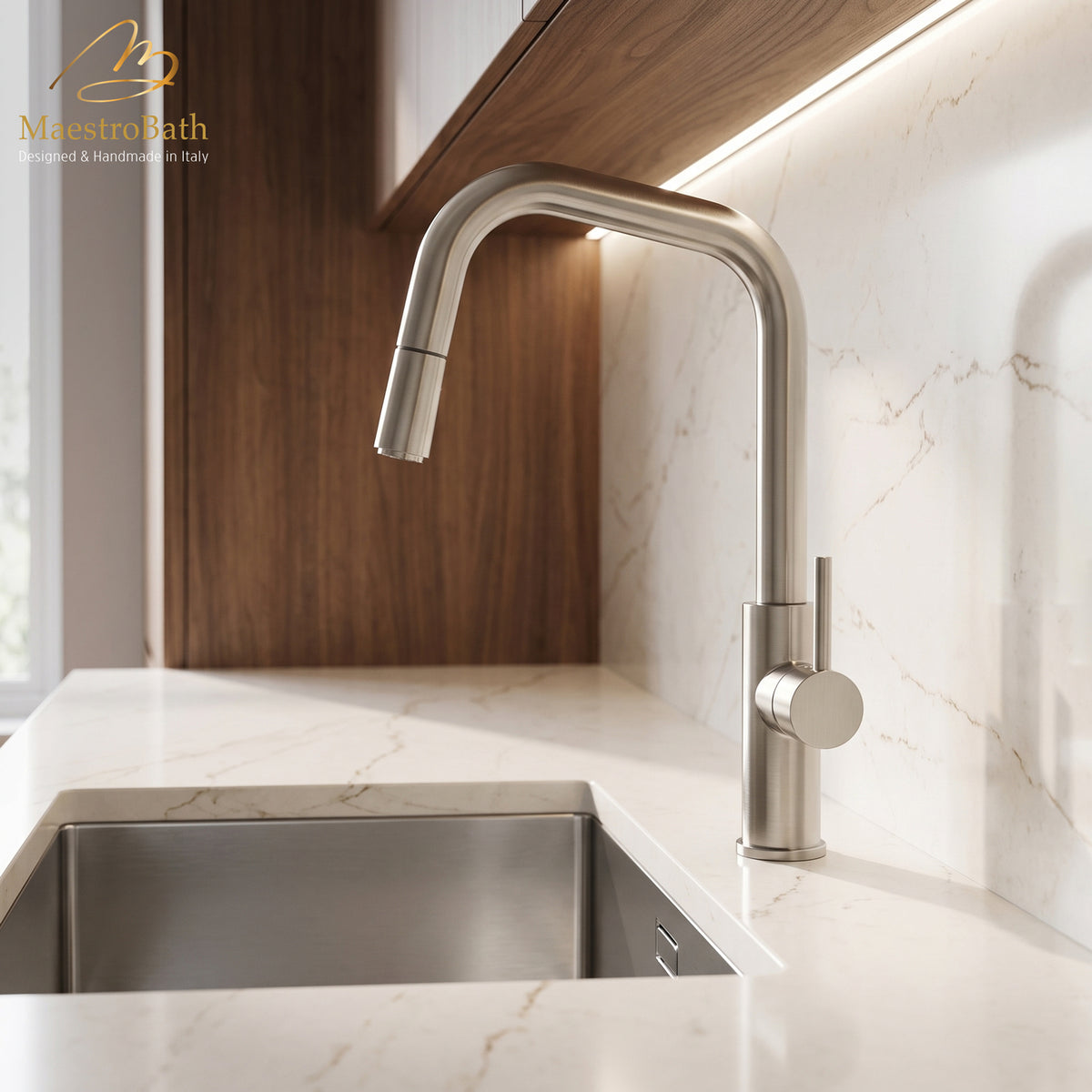 Deck mounted brass kitchen faucet, shown in brushed nickel, with pull out spray, 17 inch by 8 inch by 11 inch #color_brushed nickel