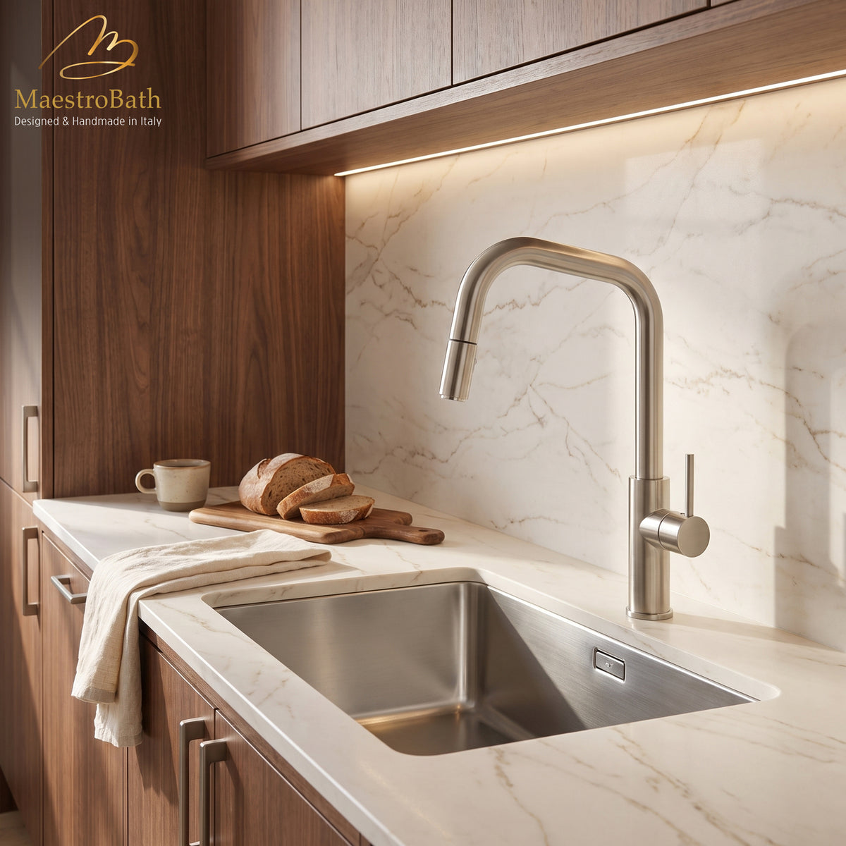Deck mounted brass kitchen faucet, shown in brushed nickel, with pull out spray, 17 inch by 8 inch by 11 inch #color_brushed nickel
