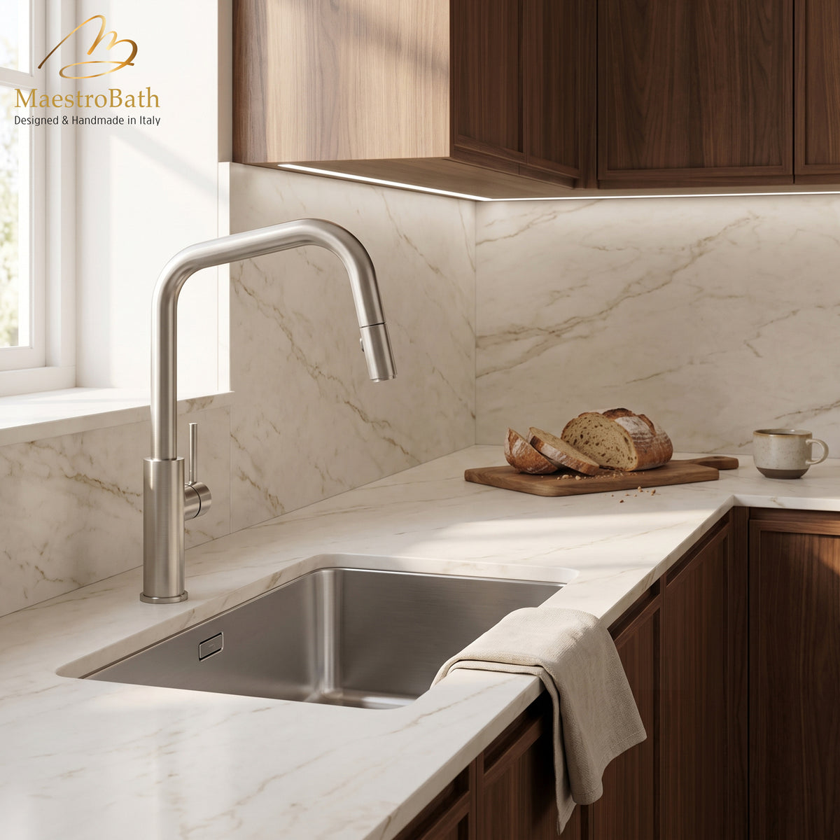 Deck mounted brass kitchen faucet, shown in brushed nickel, with pull out spray, 17 inch by 8 inch by 11 inch #color_brushed nickel