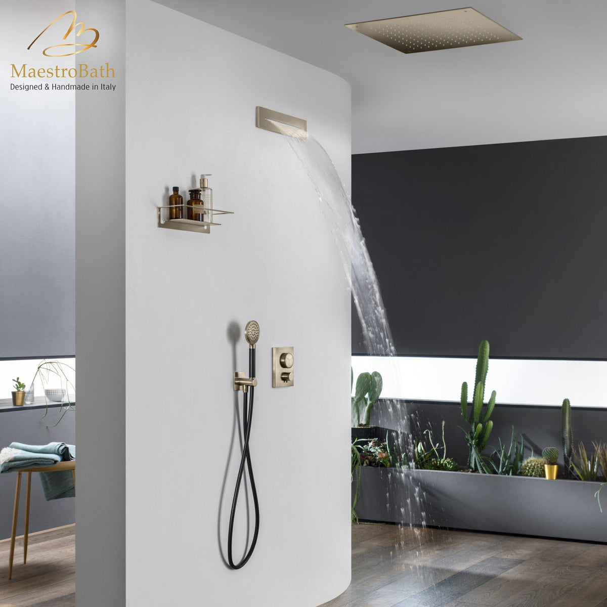 Wall mounted brass complete shower set, shown in nickel, made of solid brass