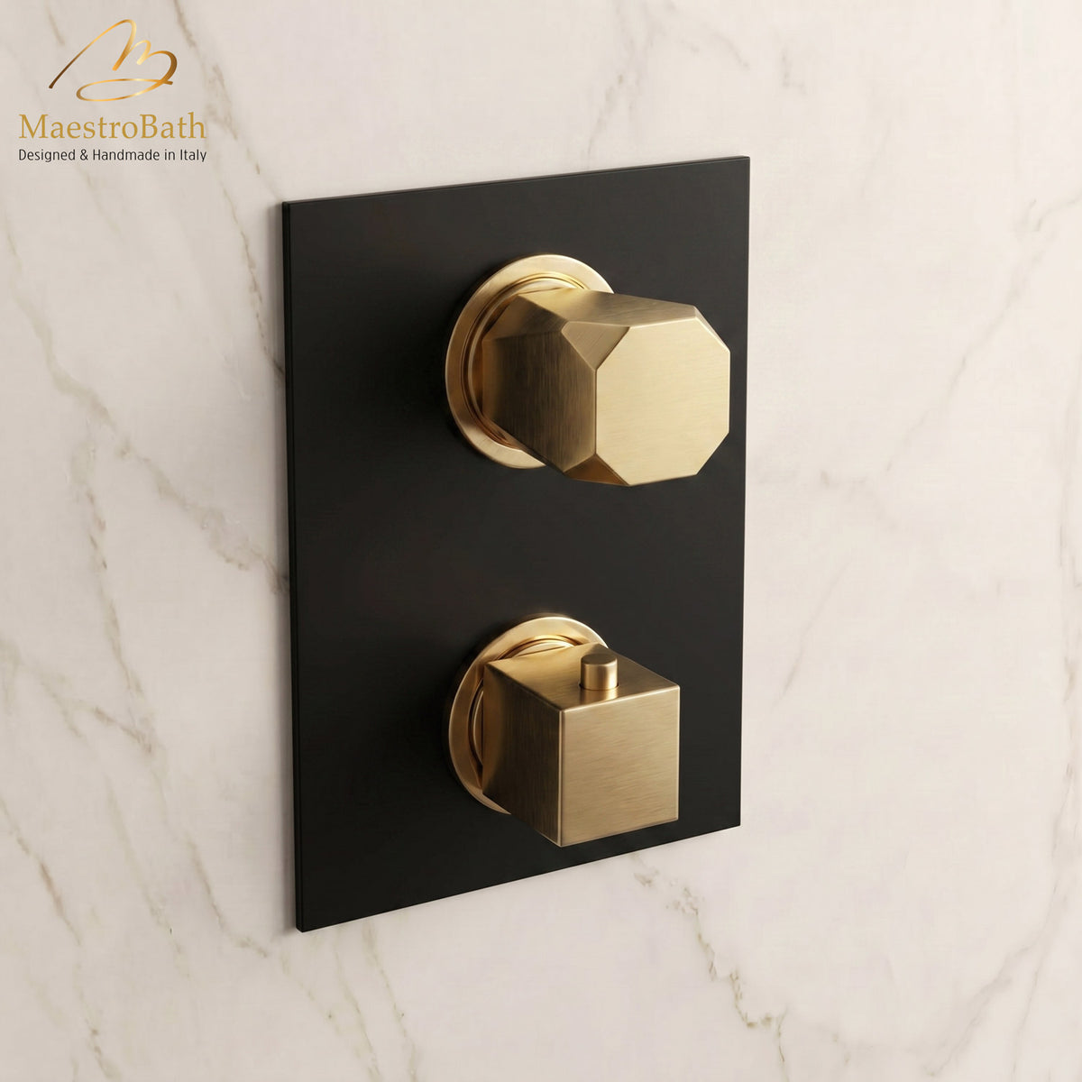Ikon Thermostatic Concealed Bath and Shower With Diverter 2 Ways, shown in black and gold, with thermostatic control