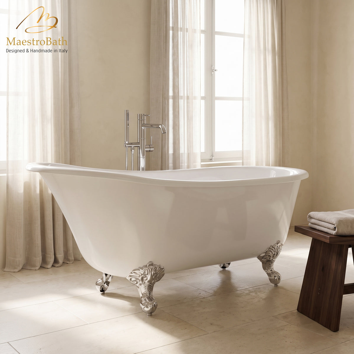 Freestanding resin bathtub, shown in white, with clawfoot base, 68.8 inch long by 28.5 inch wide and 34.2 inch high
