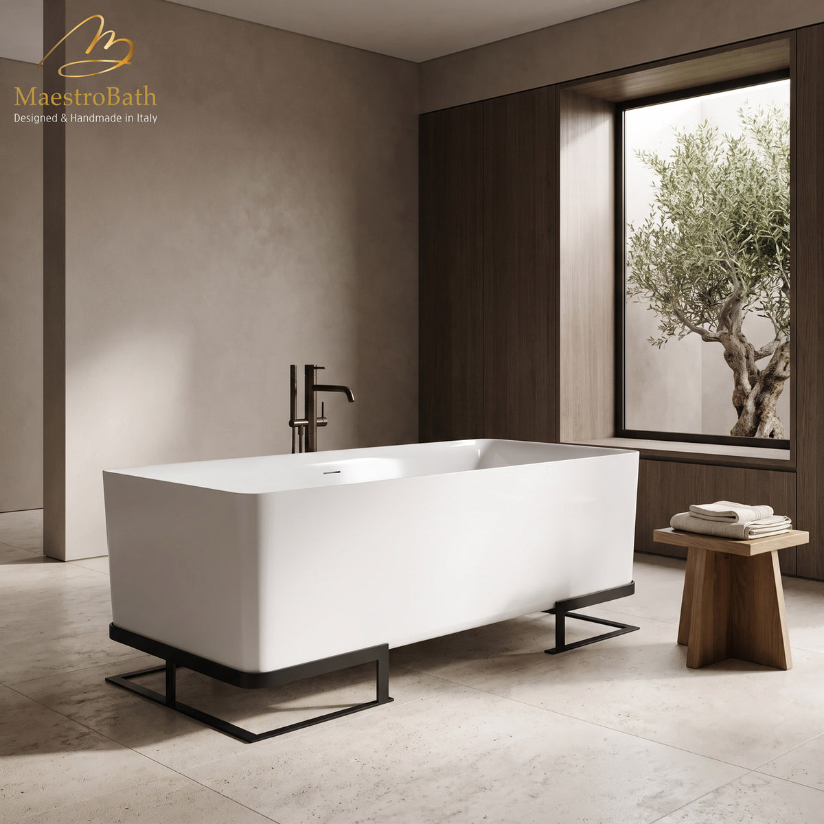 Freestanding resin bathtub, shown in white, 65.3 inch long by 30.5 inch wide and 25 inch high, made of fiberglass and resin