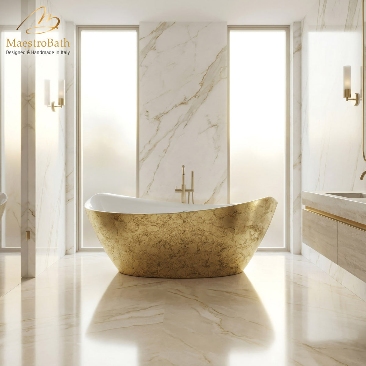 Nouh Luxury Freestanding Bathtub, shown in black and gold, 69.8 inch long by 35.8 inch wide and 28.5 inch high