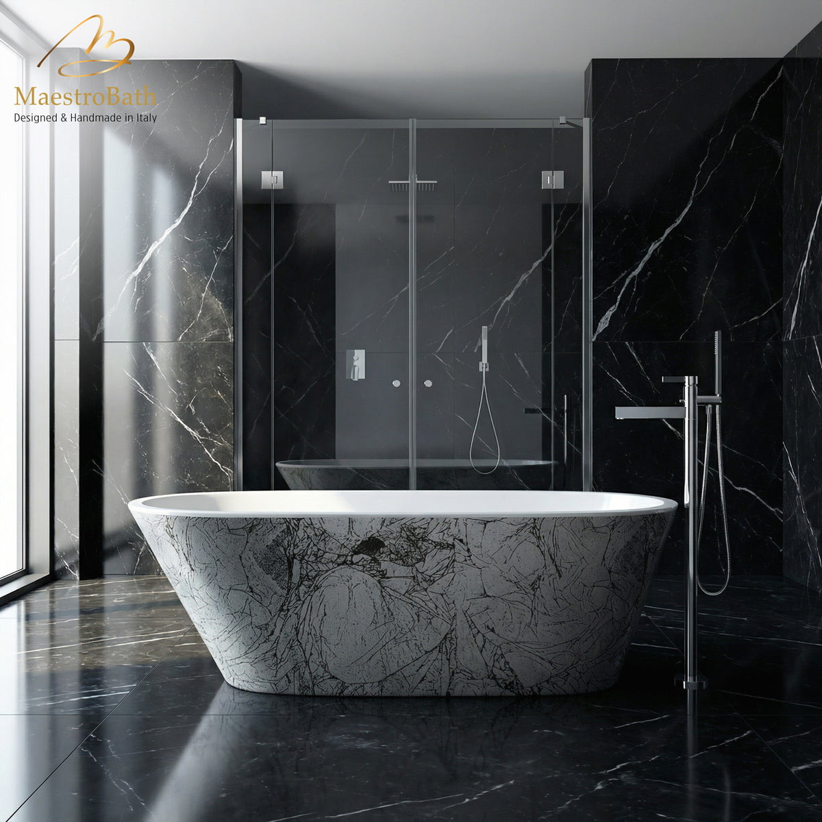 Sophia Luxury Freestanding Bathtub, shown in black and silver, 67.7 inch long by 29.5 inch wide and 23.6 inch high