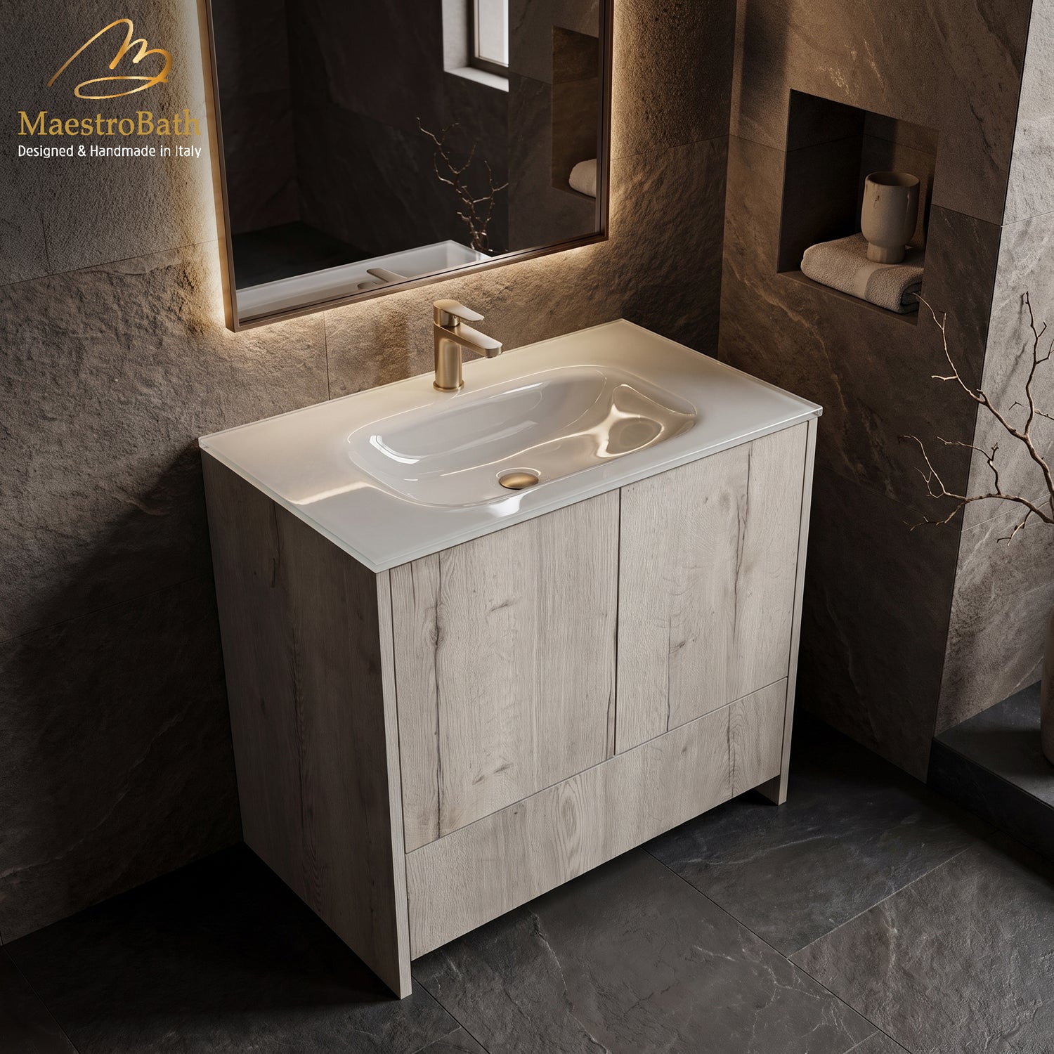 32 inch freestanding bathroom vanity in light oak tone with a white glass top and integrated sink