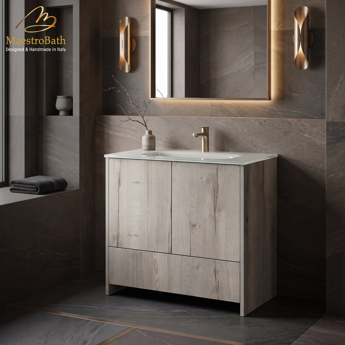 Modern 32 inch White Halifax Oak freestanding bathroom vanity with integrated glass sink, handmade in Italy by MaestroBath
