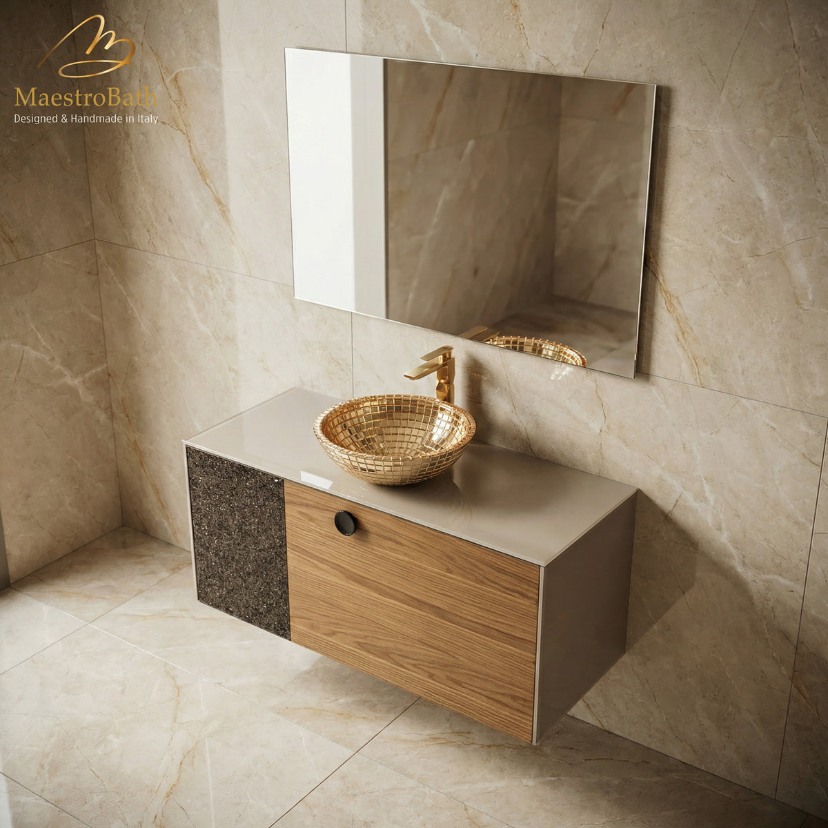 Fusione Walnut and Crystal Wall-Mounted Bathroom Vanity, made of wood set with Murano crystals