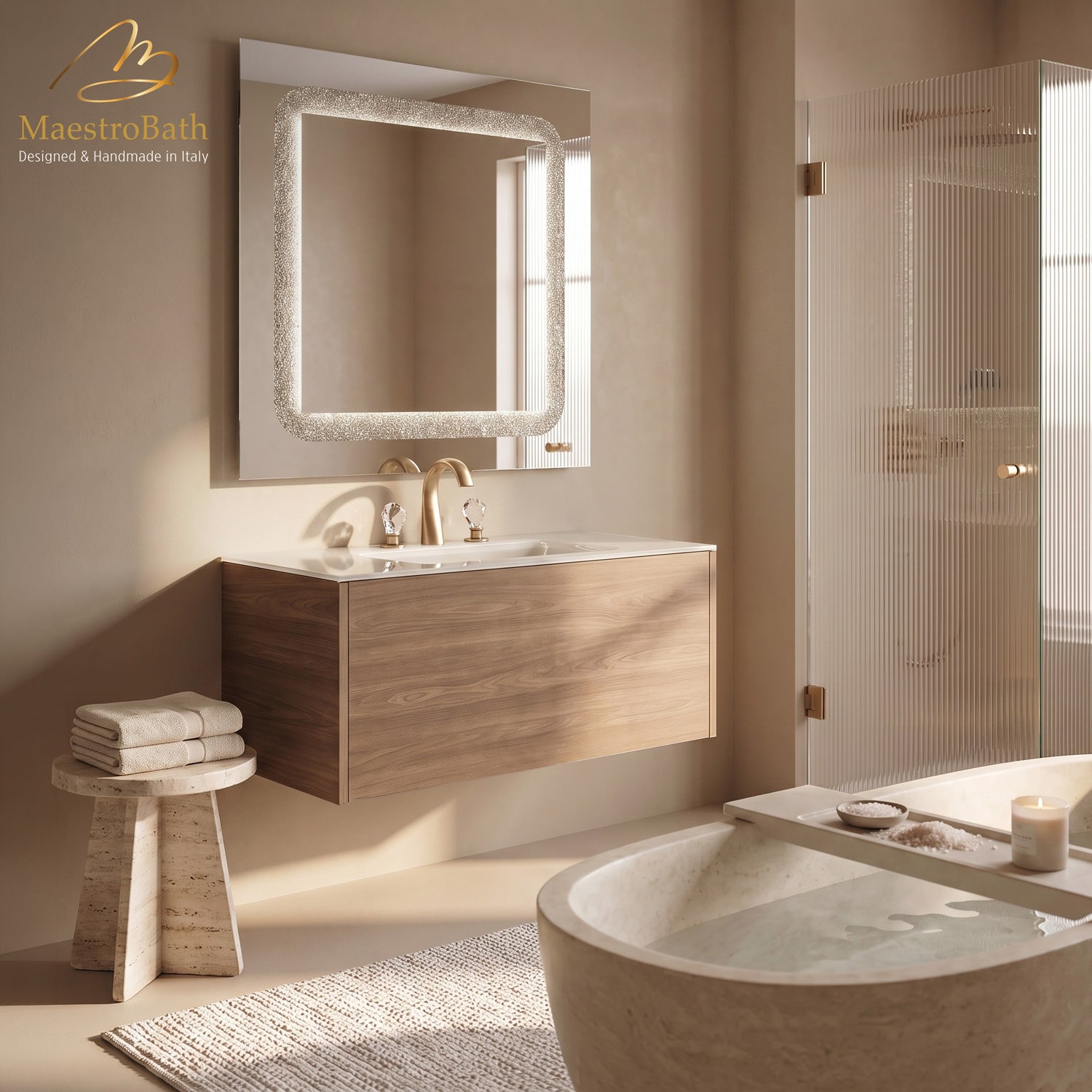 40 inch walnut bathroom vanity with one full width storage drawer and a handle free front