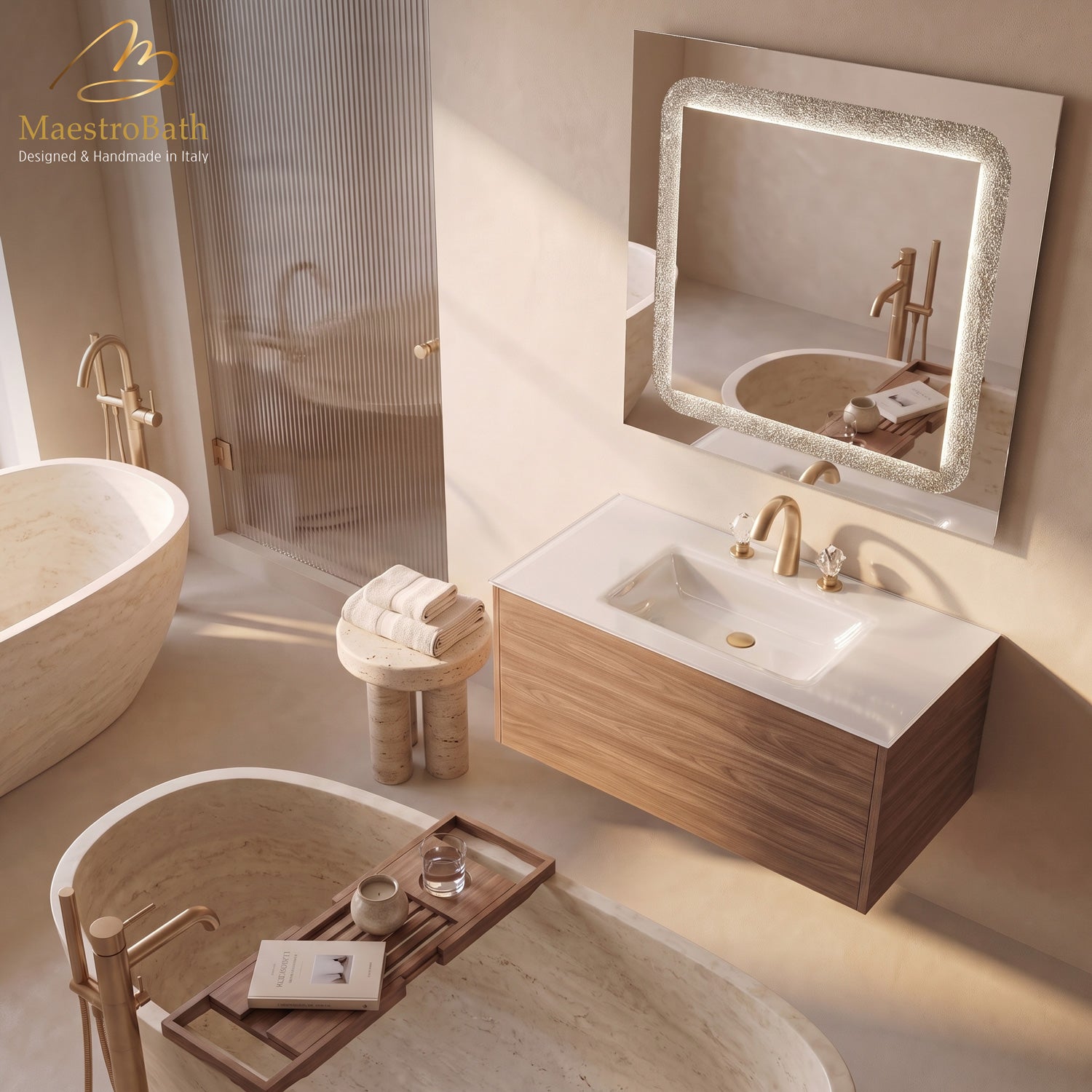 Fusione walnut wall mounted vanity measuring 40 by 18.3 by 18.1 inches, contemporary Italian design