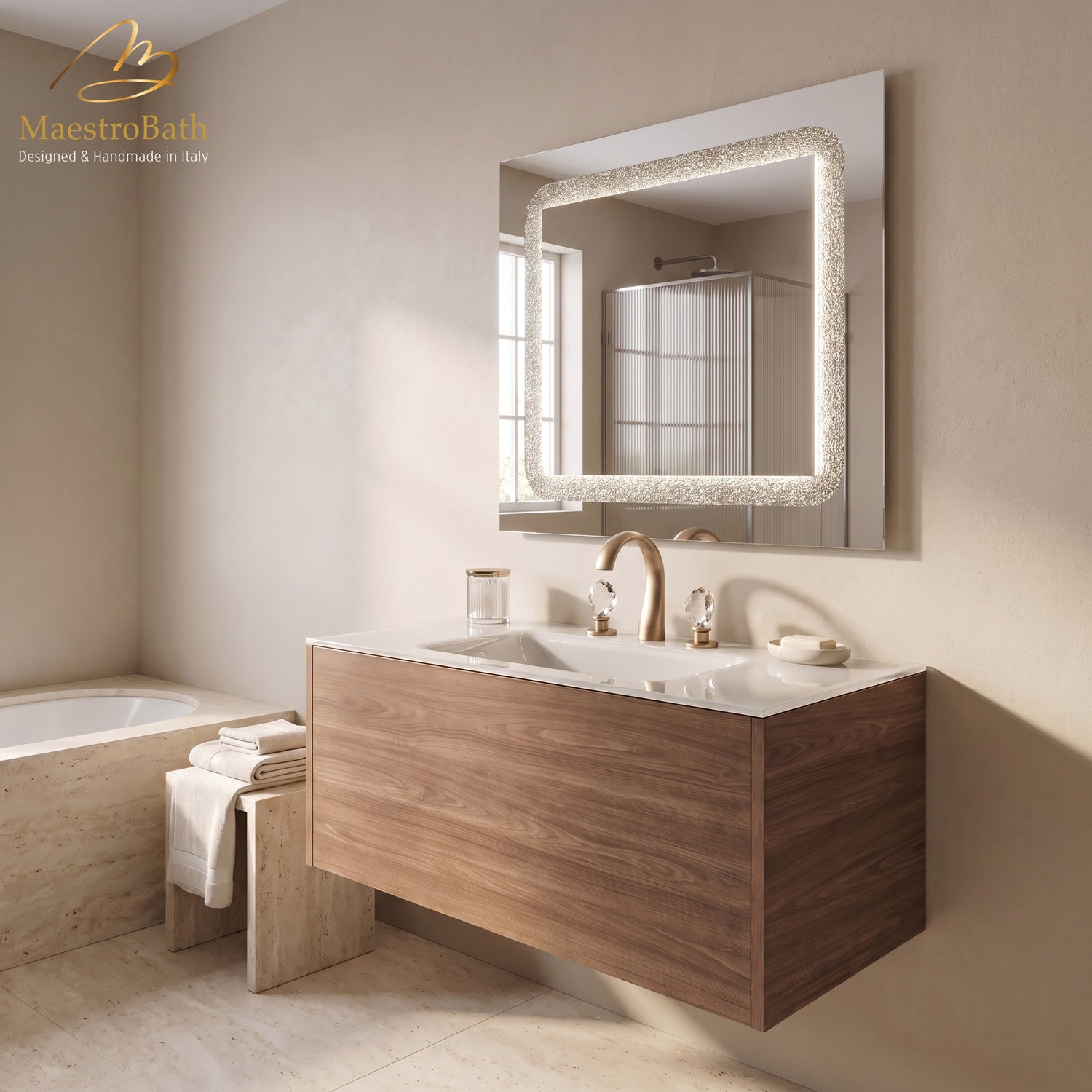Walnut floating bathroom vanity with expressive wood grain and integrated white glass sink