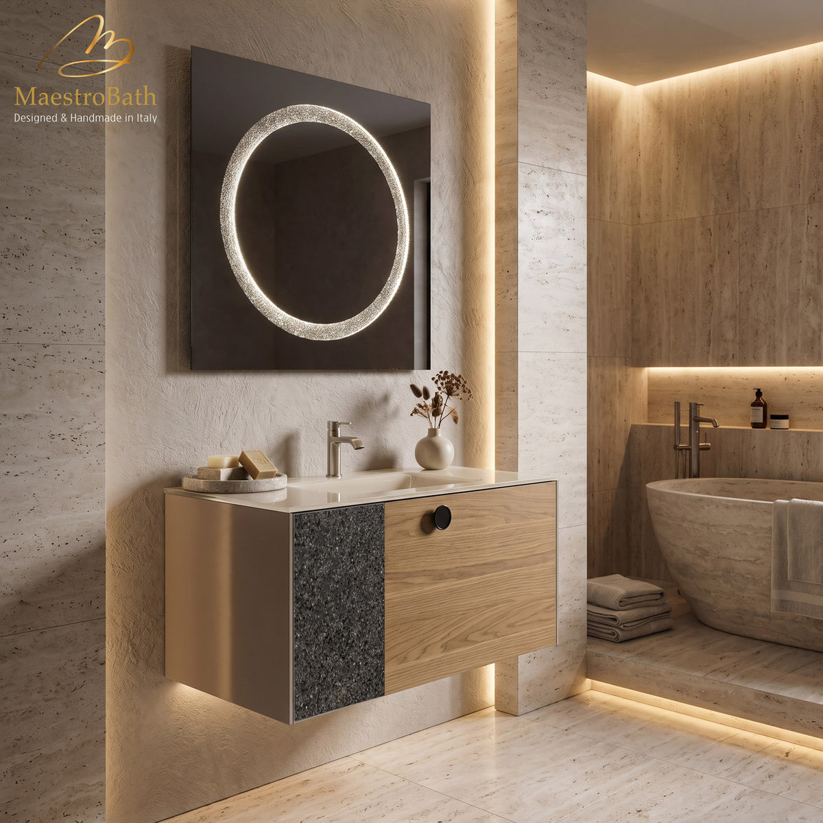 Fusione Walnut and Crystal Wall-Mounted Bathroom Vanity, made of wood set with Murano crystals #Glass Top_Integrated