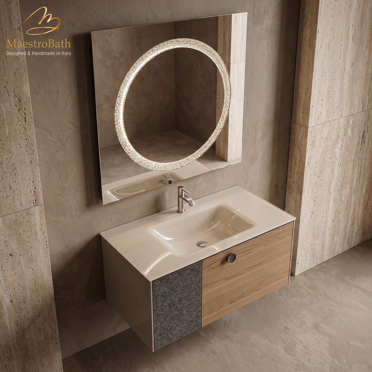 Fusione Walnut and Crystal Wall-Mounted Bathroom Vanity, made of wood set with Murano crystals #Glass Top_Integrated