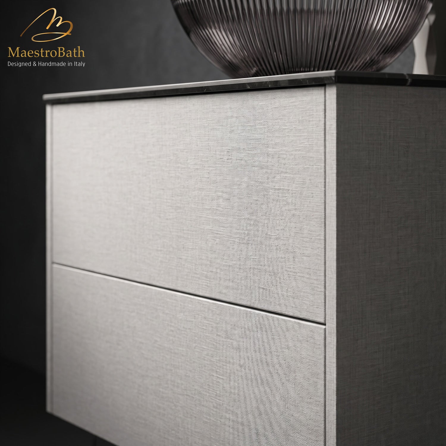 Compact 31.6 inch wide floating bathroom vanity in grey linen with ceramic glass top, Italian design