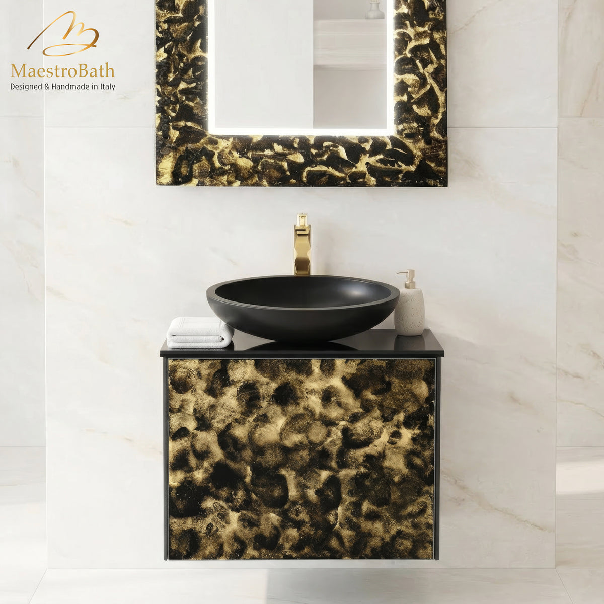 Luxury 24" Murano Crystal Wallmount Bathroom Vanity | Black and Gold #Size_24"