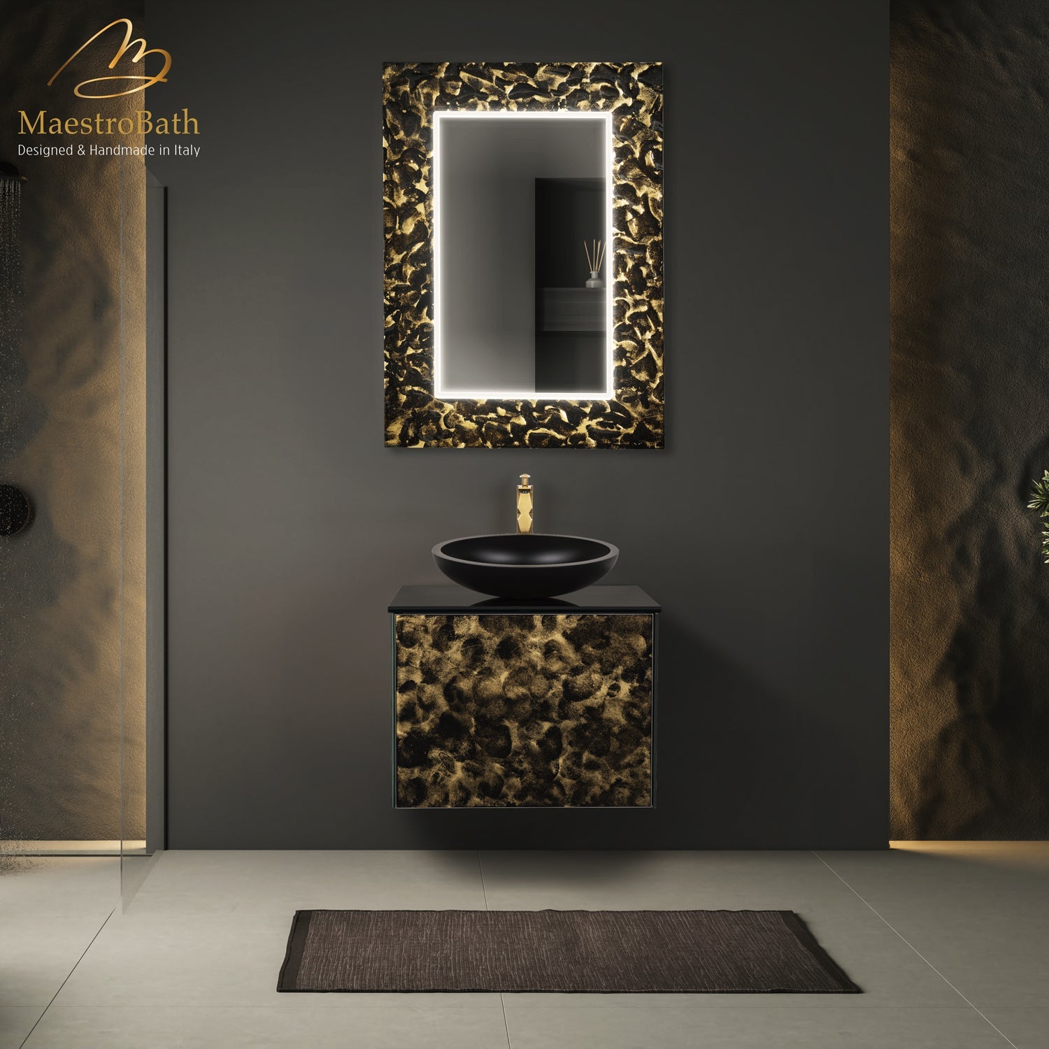 Luxury 24" Murano Crystal Wallmount Bathroom Vanity | Black and Gold #Size_24"