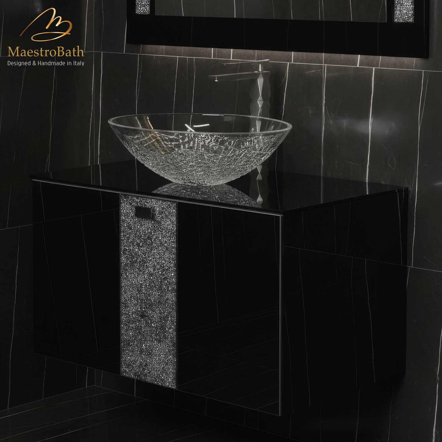 Luxury Crystal Glass Wallmount Bathroom Vanity | Black #Size_32"