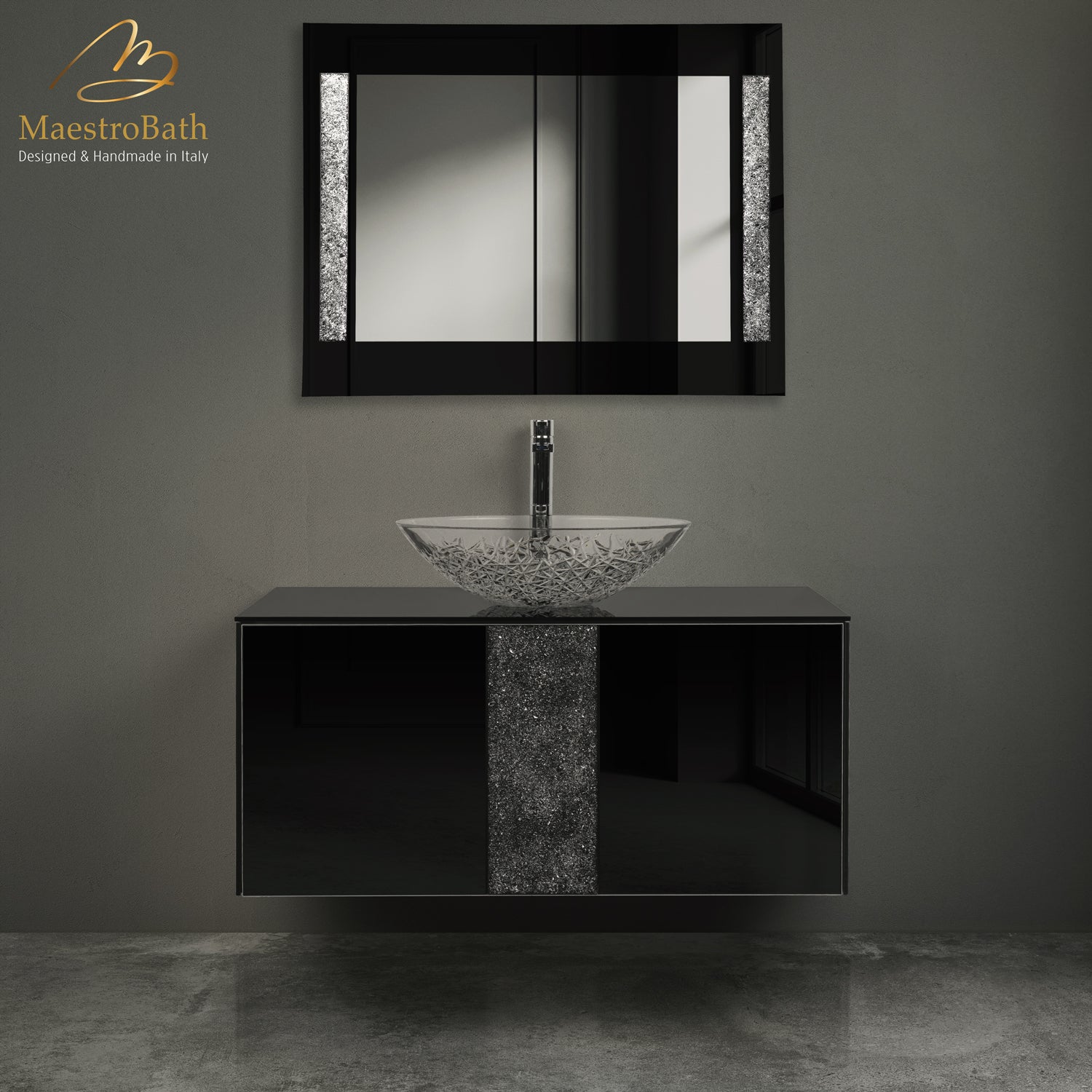 Luxury 48" Crystal Glass Wallmount Bathroom Vanity | Black #Size_40"