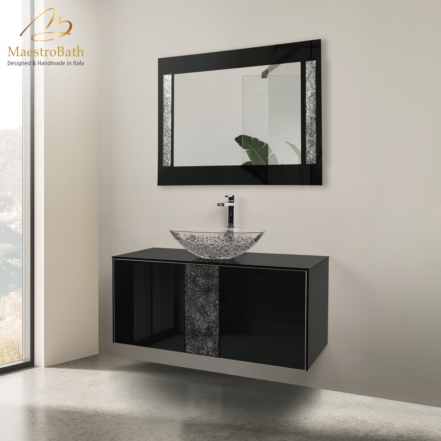 Luxury 48" Crystal Glass Wallmount Bathroom Vanity | Black #Size_40"