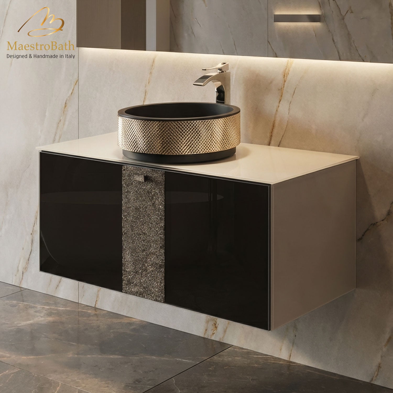 Cactus Bathroom Vessel Sink | Black and Gold #Size_40"