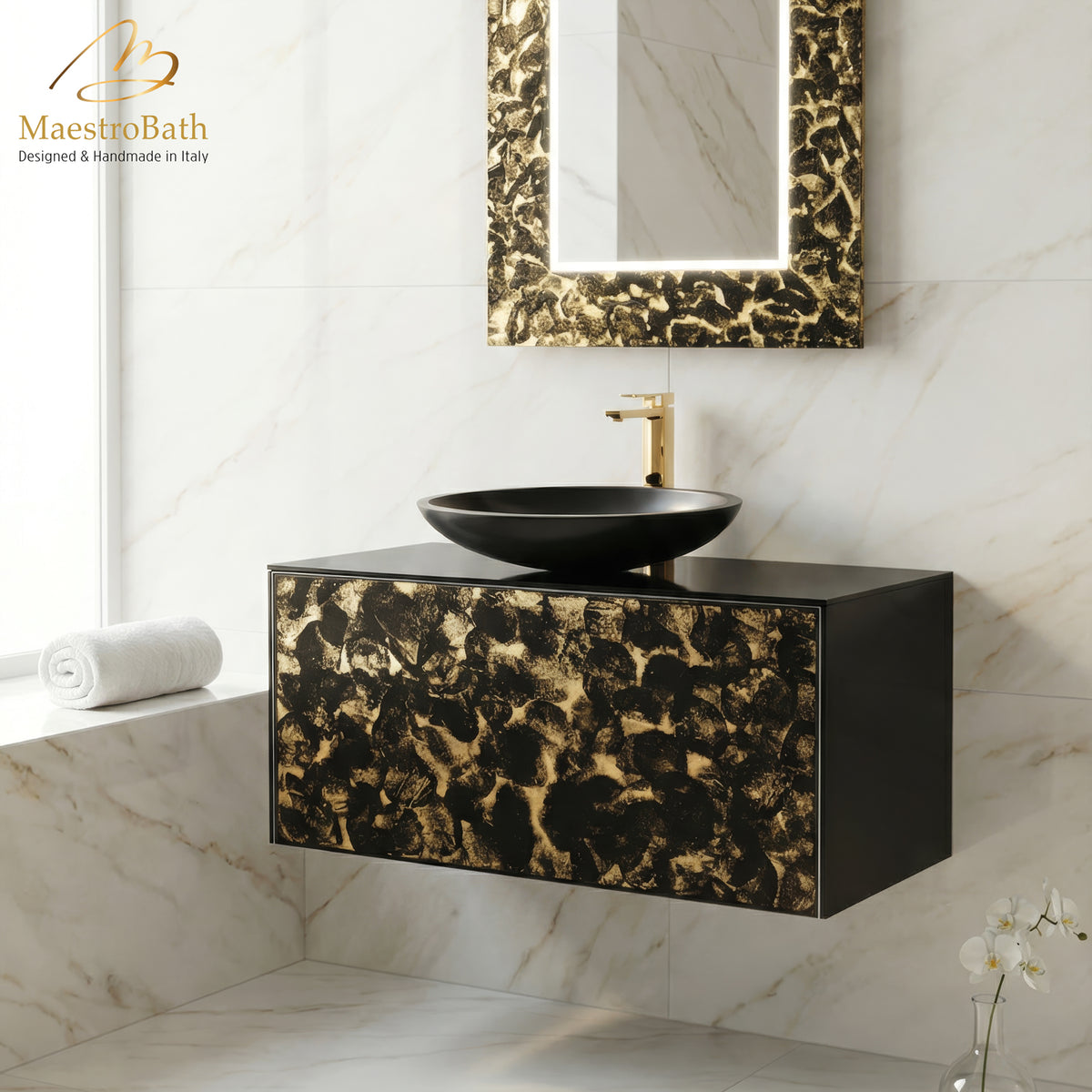 Luxury 40" Murano Crystal Wallmount Bathroom Vanity | Black and Gold #Size_40"