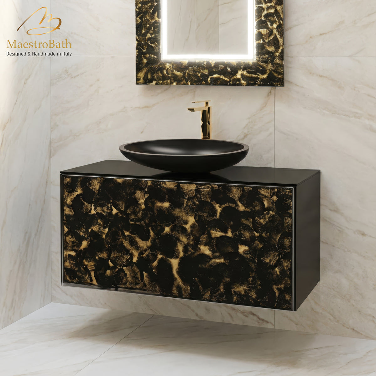 Luxury 40" Murano Crystal Wallmount Bathroom Vanity | Black and Gold #Size_40"