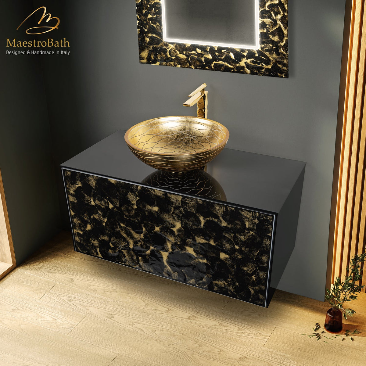 Luxury 40" Murano Crystal Wallmount Bathroom Vanity | Black and Gold #Size_40"