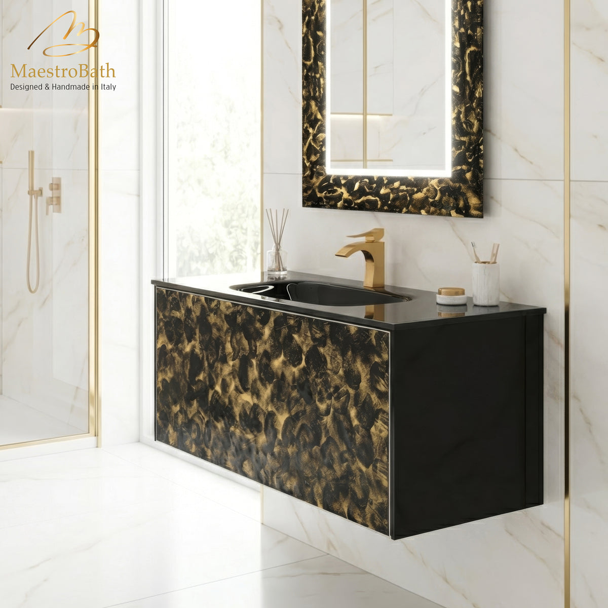 Luxury 48" Murano Crystal Wallmount Bathroom Vanity | Black and Gold #Size_48"