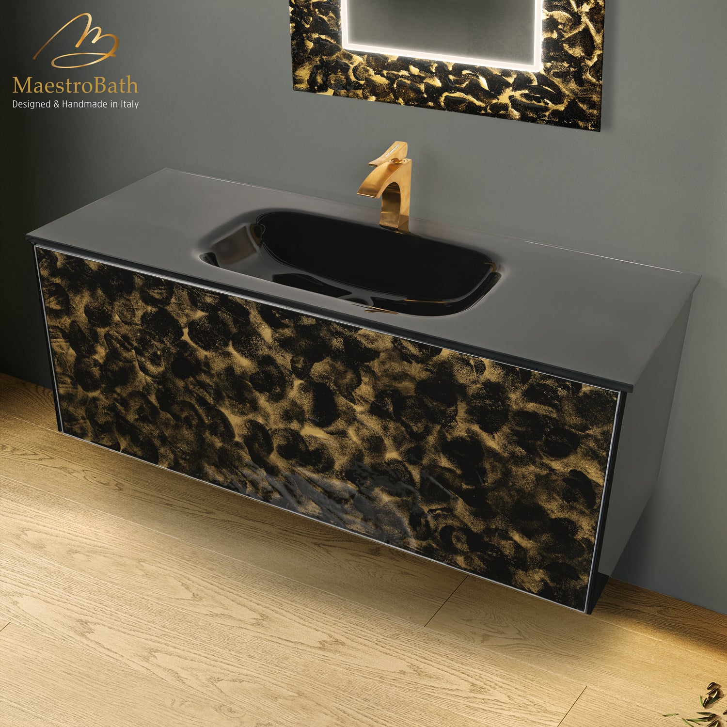 Luxury 48" Murano Crystal Wallmount Bathroom Vanity | Black and Gold #Glass Top_Integrated Black Sink