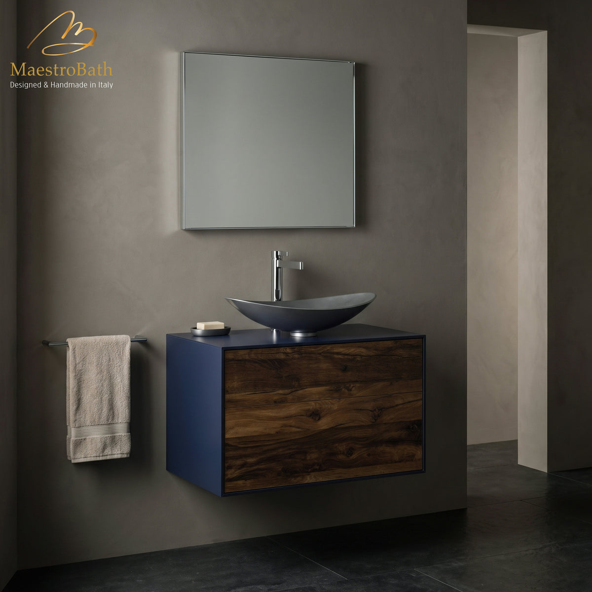 Wood bathroom vanity, shown in midnight blue and mocca, 32 inch wide, made of solid wood