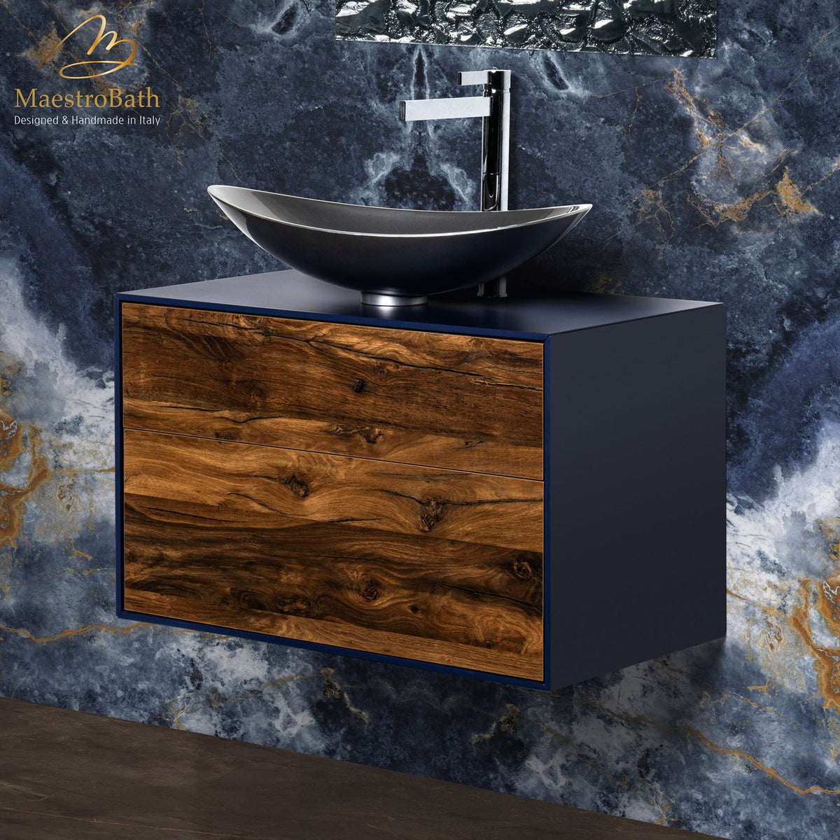 Wood bathroom vanity, shown in midnight blue and mocca, 32 inch wide, made of solid wood