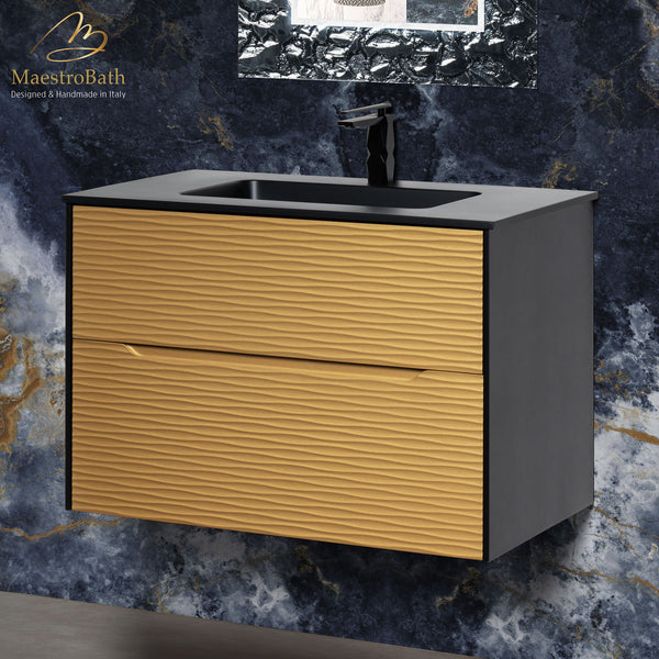 Modern Integrated Bathroom Vanity | Black and Gold #glass top_integrated