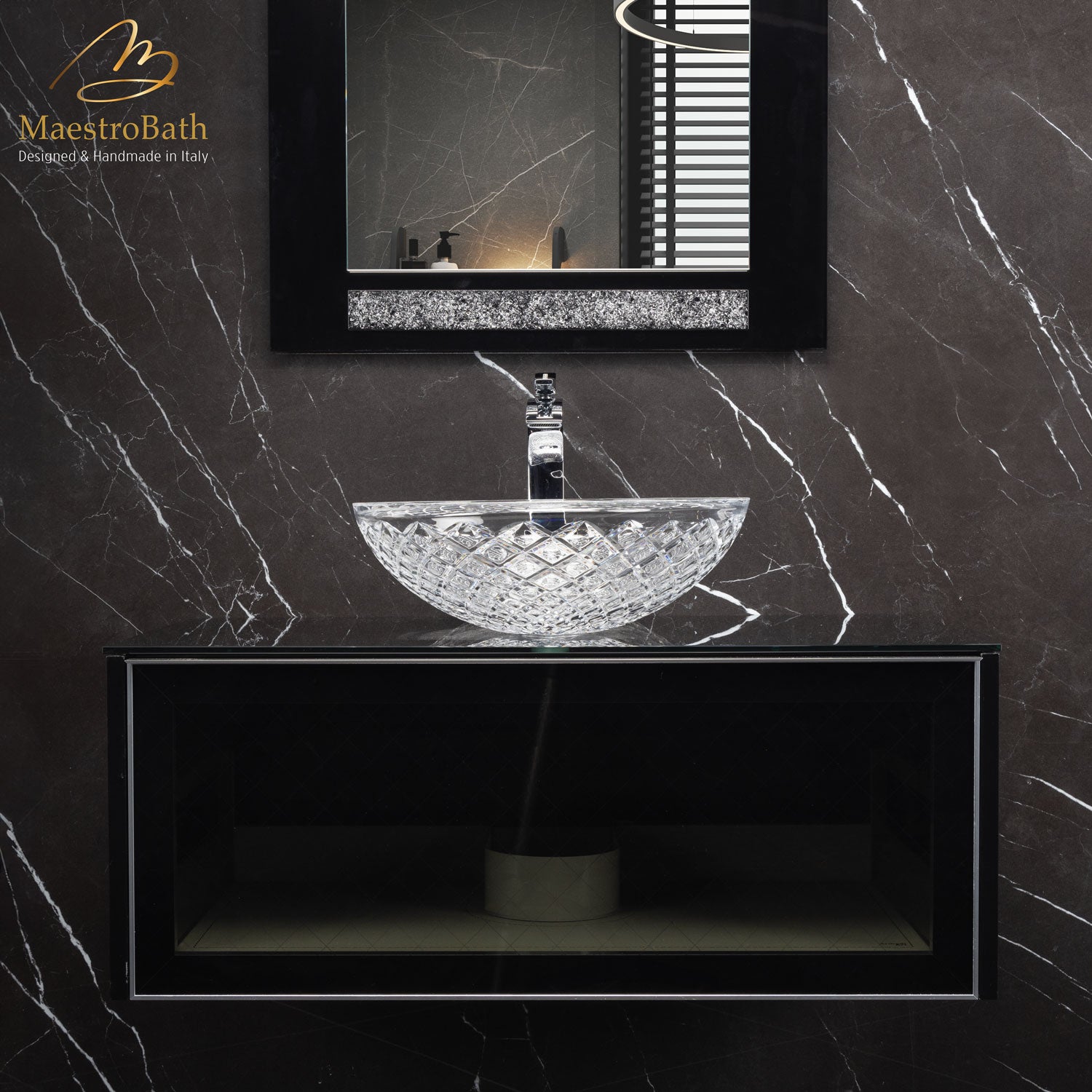 Modern Smoke Grid Glass Bathroom Vanity | Transparent #Size_35"