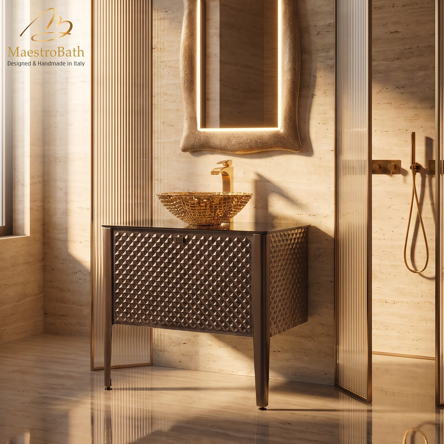 Tiffany Luxury Crystal Brown Vanity, luxury Stainless Steel Covered in Murano Glass design by MaestroBath