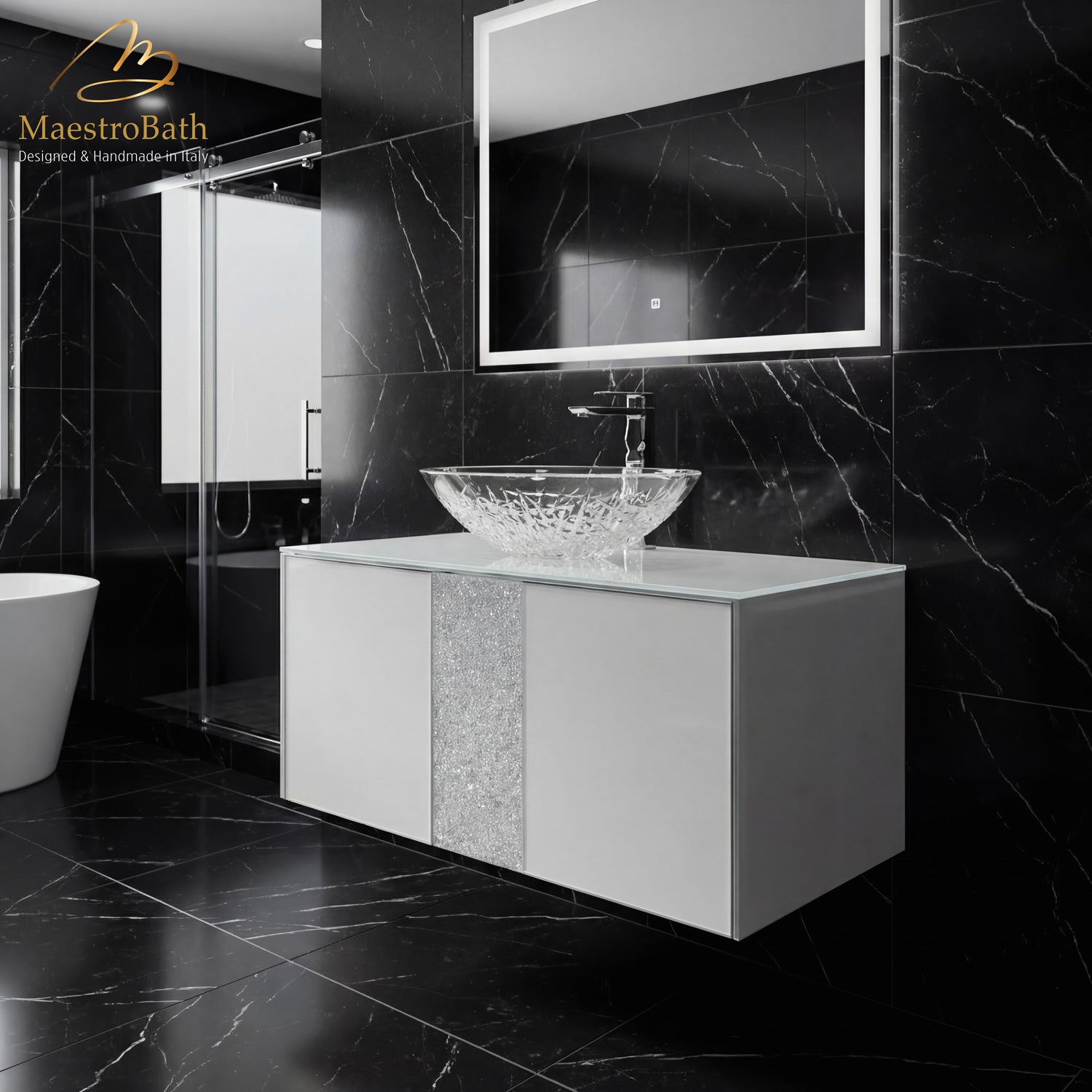 Luxury Crystal Glass Wallmount Bathroom Vanity | White #Size_36"