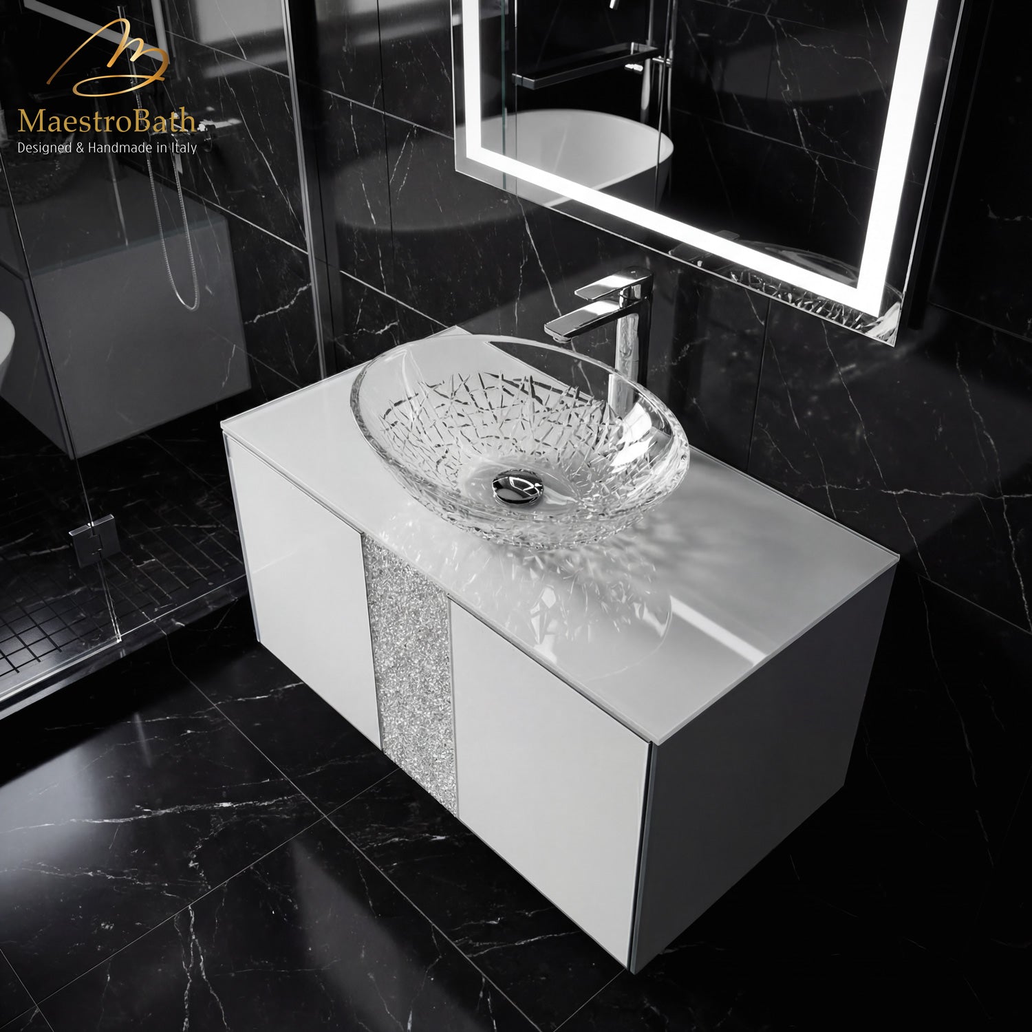 Luxury Crystal Glass Wallmount Bathroom Vanity | White #Size_36"