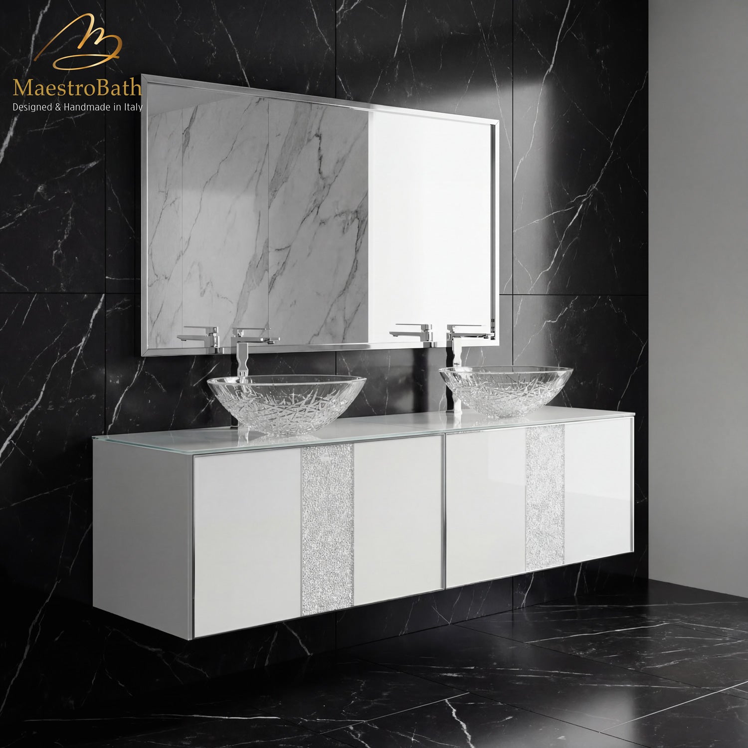 Luxury Crystal Glass Wallmount Bathroom Double Vanity | White #size_72"