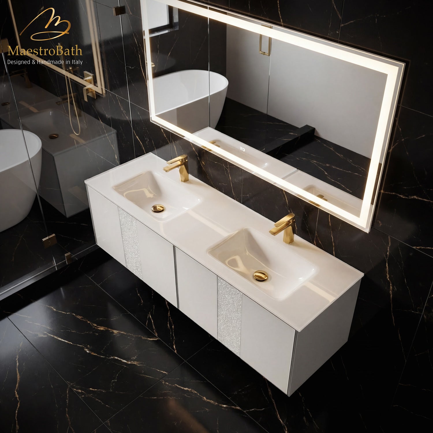 Luxury Crystal Glass Wallmount Bathroom Double Vanity | White #size_72"