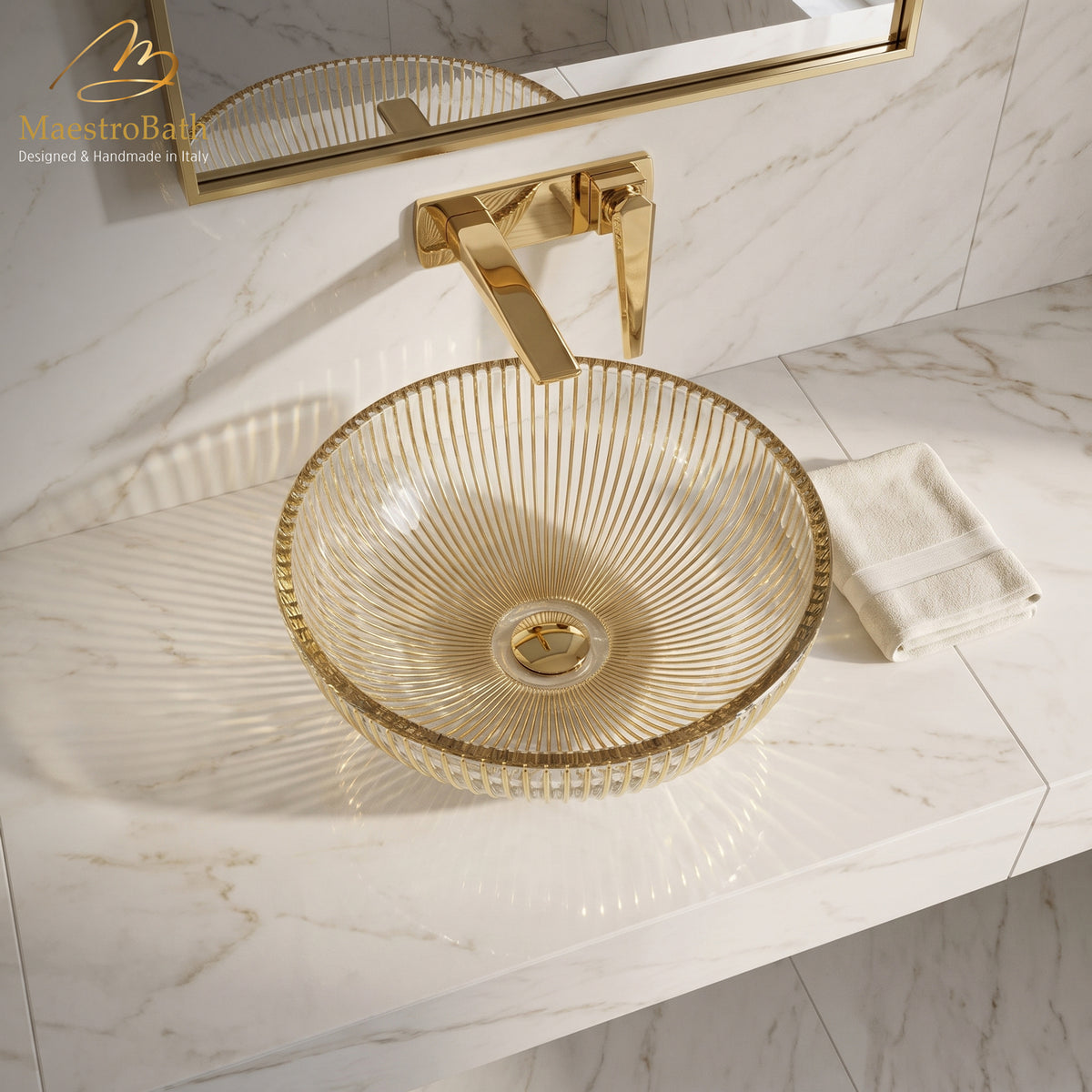 Above counter round crystal vessel sink, shown in gold, 17.1 inch by 17.1 inch with a 6.8 inch basin depth