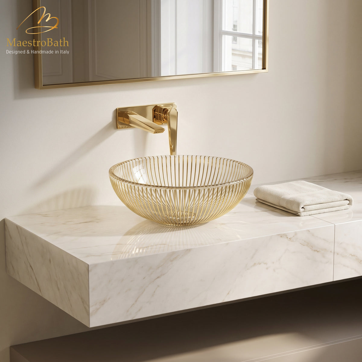 Above counter round crystal vessel sink, shown in gold, 17.1 inch by 17.1 inch with a 6.8 inch basin depth