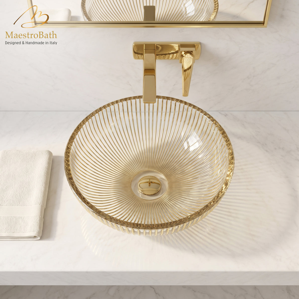 Above counter round crystal vessel sink, shown in gold, 17.1 inch by 17.1 inch with a 6.8 inch basin depth