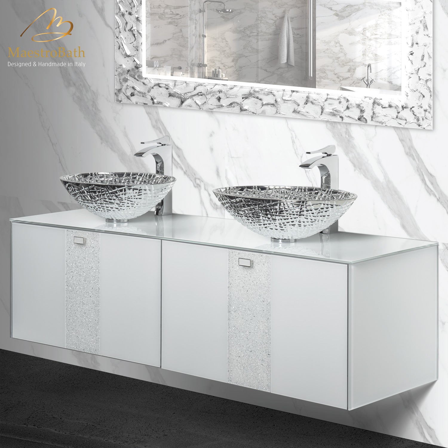 Luxury Crystal Glass Wallmount Bathroom Double Vanity | White #color_white