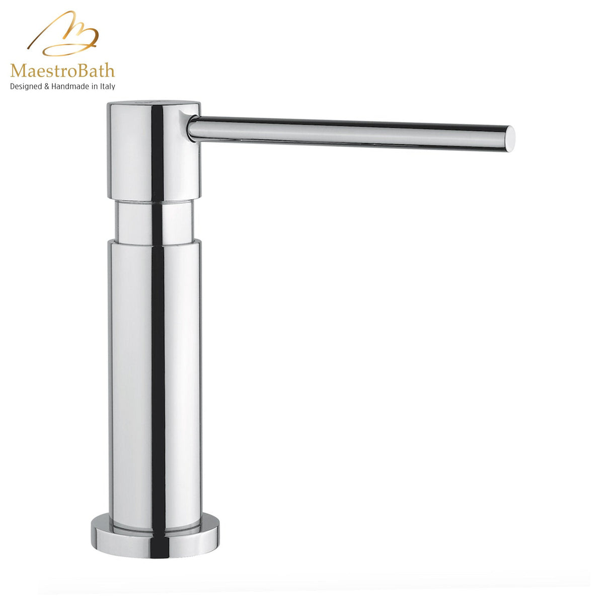 Brass soap dispenser, shown in chrome, 2.4 inch by 2.4 inch by 10 inch, made of lead-free brass