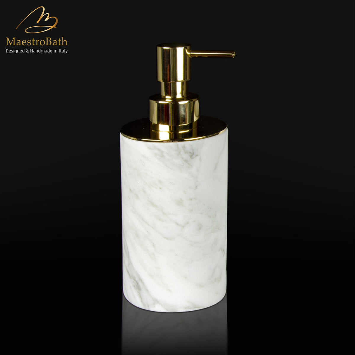 Steel and marble soap dispenser, shown in white and gold, 2.7 inch by 2.6 inch by 6.4 inch