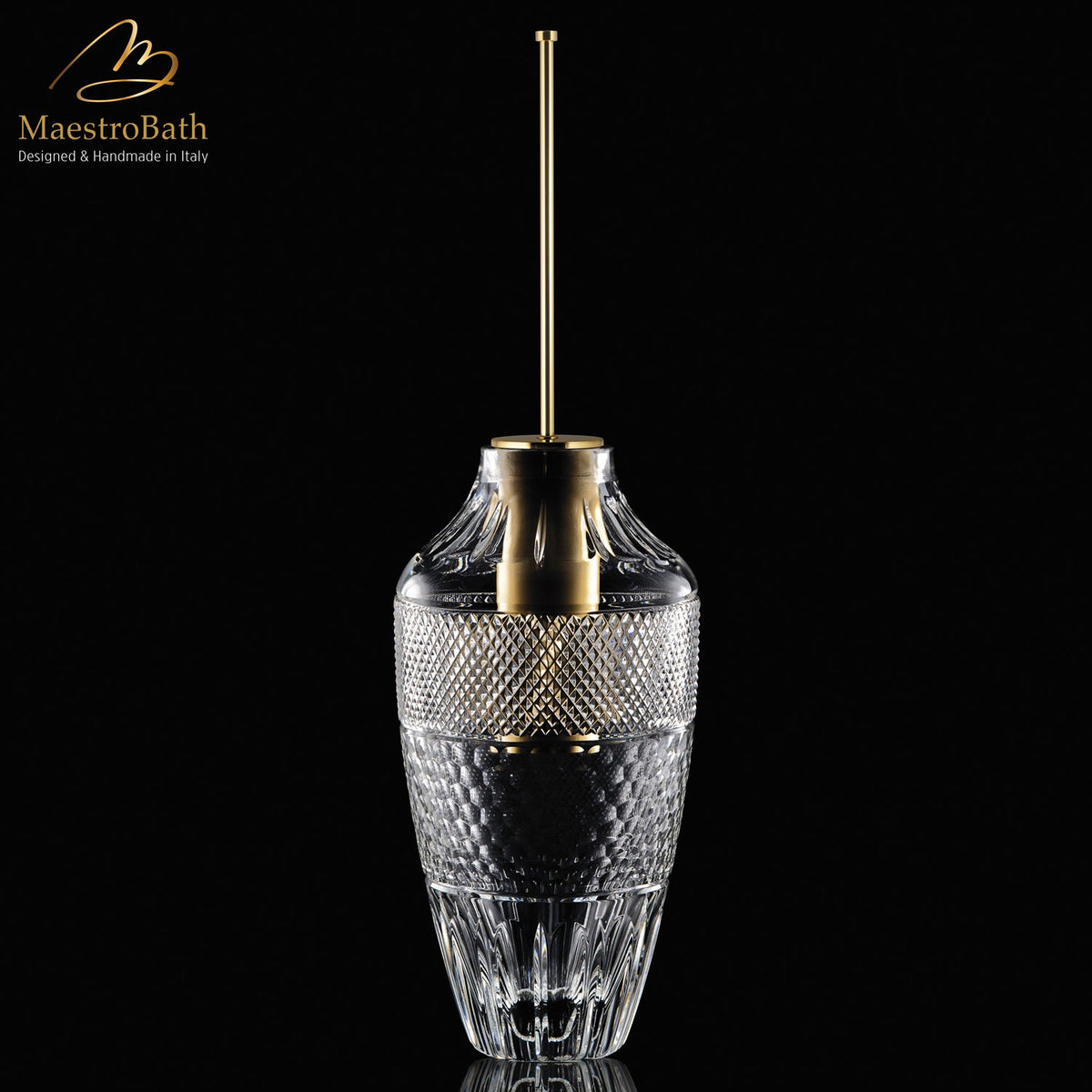 Hive Lux XL Brush Holder, shown in clear and gold, 9 inch by 9 inch by 28.9 inch