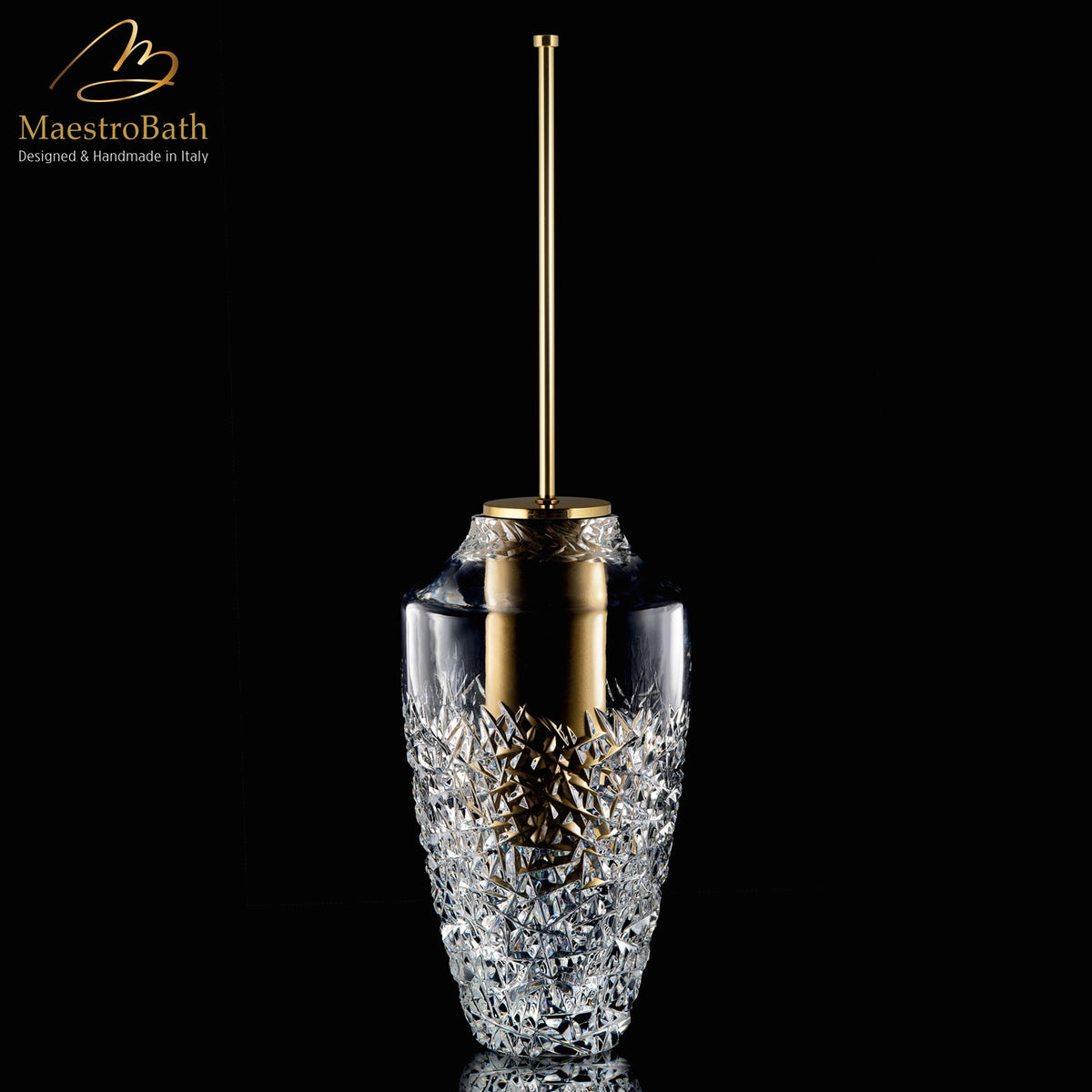 Crystal toilet brush holder, shown in clear and gold, 7 inch by 7 inch by 25 inch