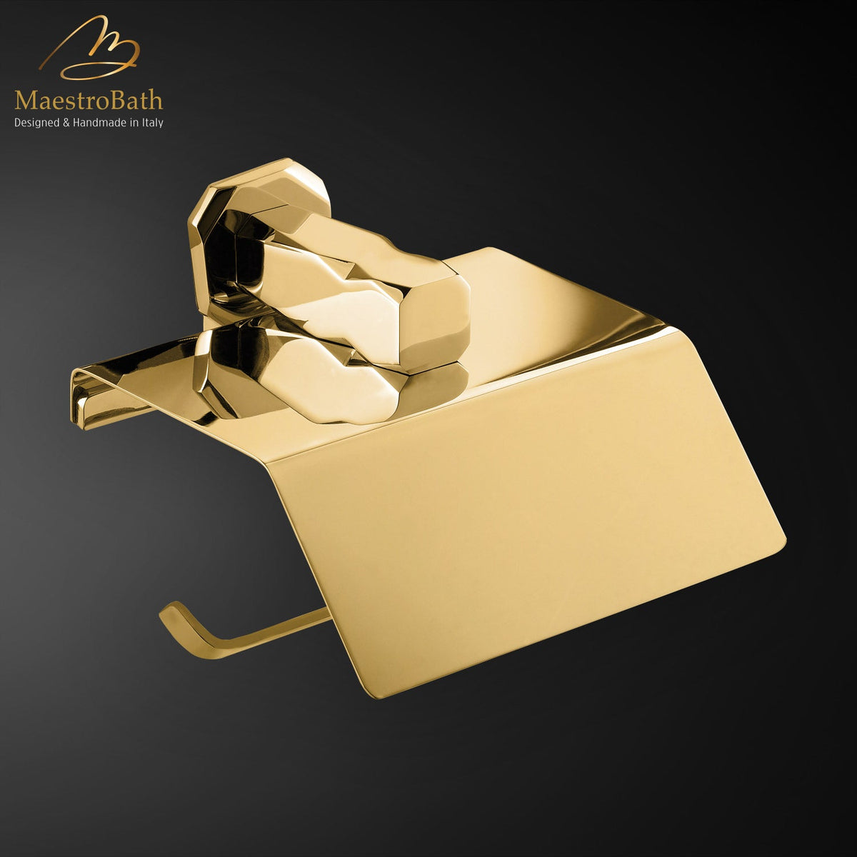 Wall mounted brass toilet paper holder, shown in polished gold, 5.1 inch by 3.7 inch by 4.7 inch, made of solid brass