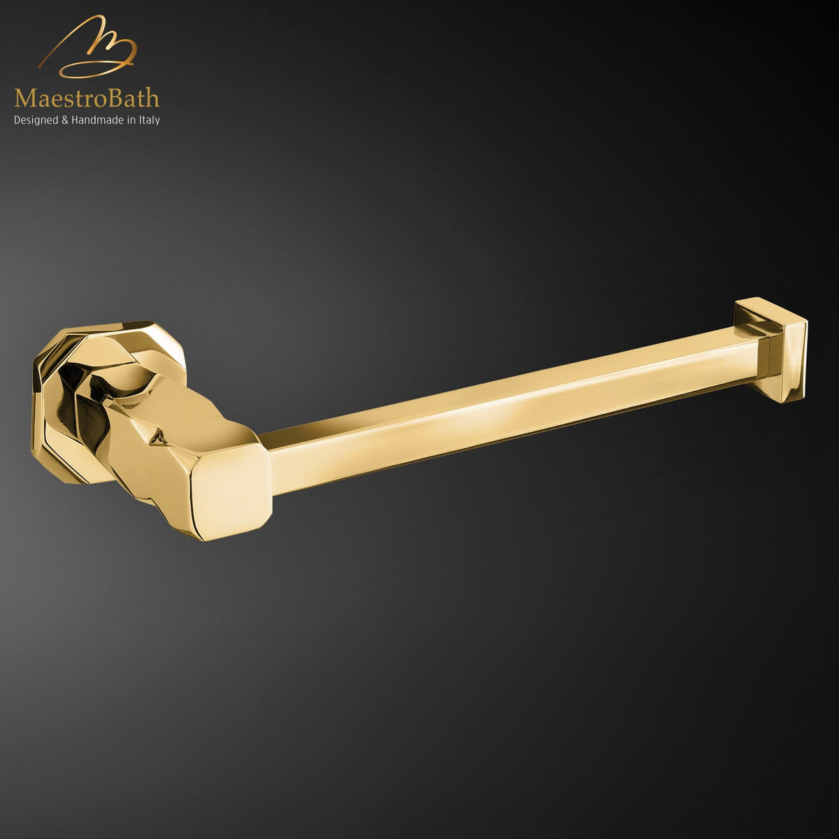 Wall mounted brass toilet paper holder, shown in polished gold, 1.5 inch by 1.5 inch by 7.9 inch, made of solid brass